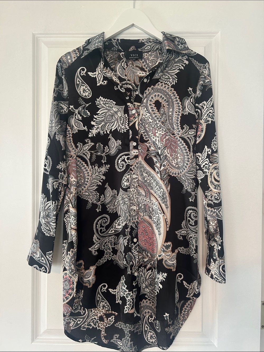 Vici Black Paisley Button-Down Blouse with Cream and Pink Accents